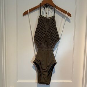 NWT Aerie Shine Cutout Crocheted Halter one piece cheeky swimsuit with shells